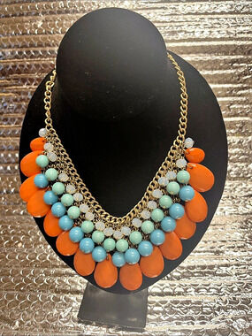 Beaded Statement Necklace in Orange & Blue